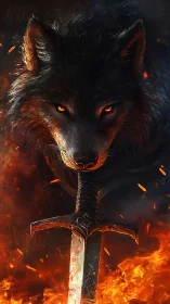 Wolf head aligned over burning sword within dark flames