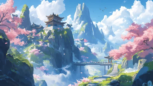 Mountain temple overlooks cherry blossoms and mist valley.