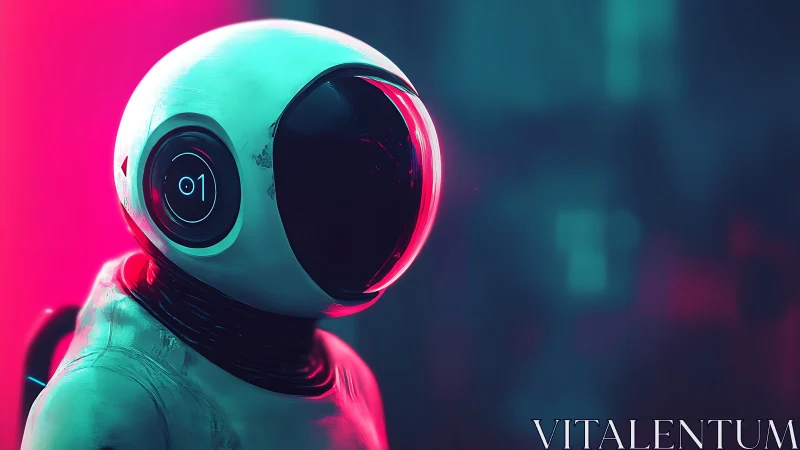 Futuristic astronaut figure in neon pink and teal lighting.