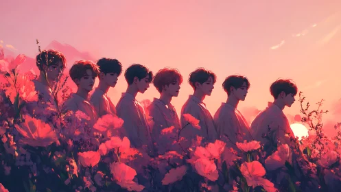 Digital painting of silhouetted youth line amid sunset florals.