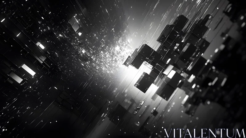 Futuristic black and white digital cubes in abstract 3D motion.
