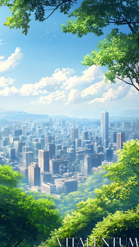 City skyline viewed from elevated green forest vantage point