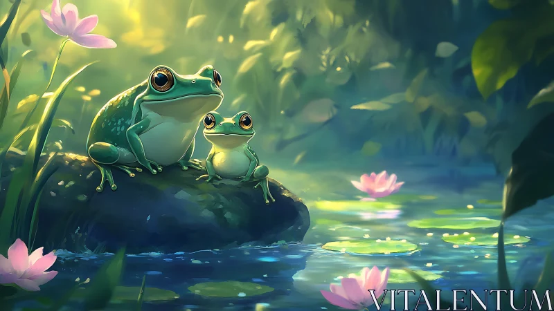 Frog parent and child share a tranquil lily pond moment.