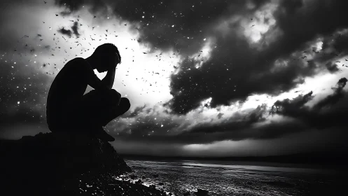 Quietly facing the storm within under a dramatic sky.