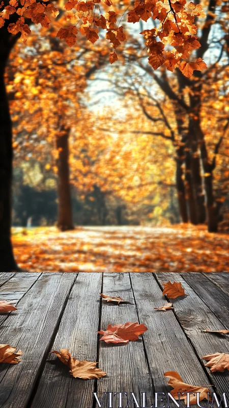 Autumn leaves rest on rustic wooden deck before blurred forest