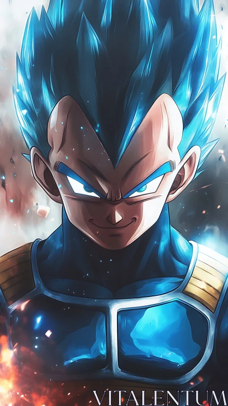 Electrified blue-haired warrior in intense frontal portrait.