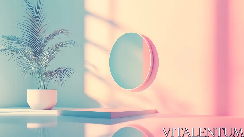 Pastel palm and geometric mirror float in serene light.