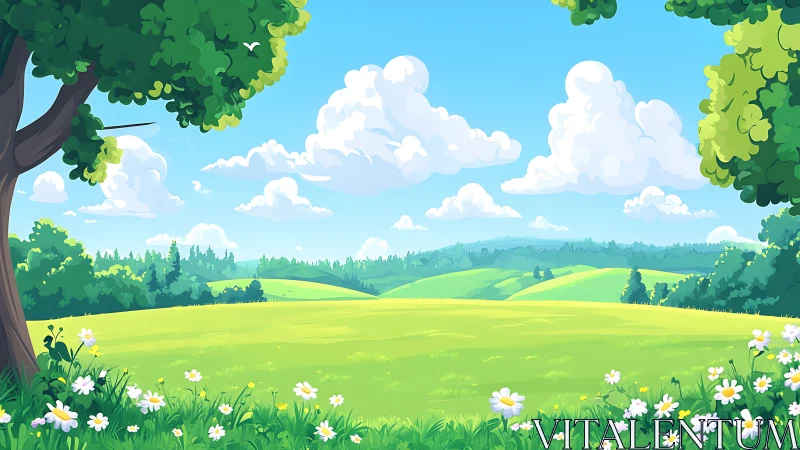 Sunny rolling meadow under fluffy summer clouds illustration.