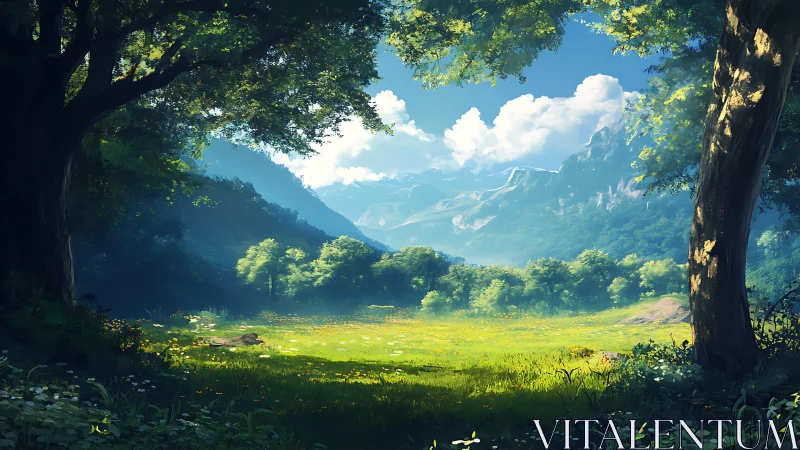 Enchanted Valley: Sunlit Meadow Beneath Ancient Trees