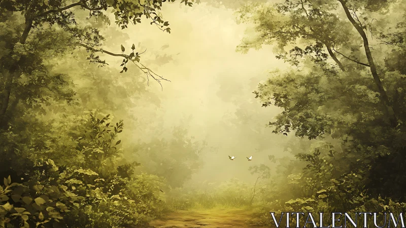 Luminous Forest Clearing: Ethereal Landscape with Soft Golden Atmospheric Haze