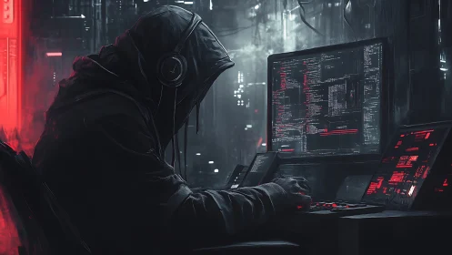 Hooded computer operator in dark workspace with code displays.
