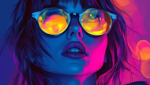 Neon-lit woman in reflective sunglasses gazes into electric night.