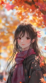 Autumn anime girl in scarf under colorful maple leaves.
