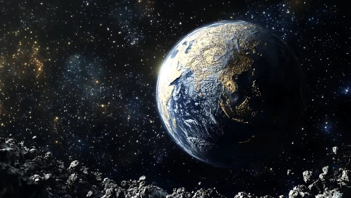 Earthlit horizons from a quiet, rocky cosmic overlook.