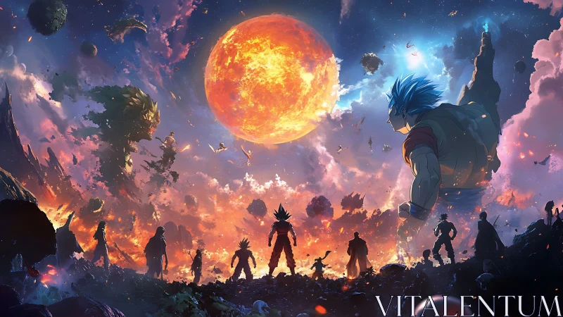 Cosmic warriors confront burning planet over shattered horizon