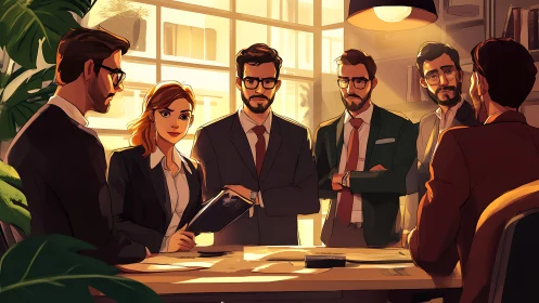 Corporate team gathered in modern office during evening meeting