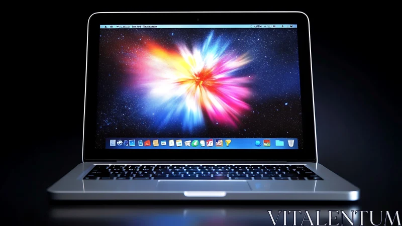 Open laptop with vivid space explosion wallpaper on screen.