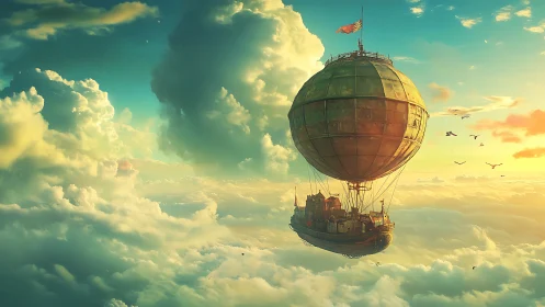 Steampunk airship city drifts through dense sunlit clouds