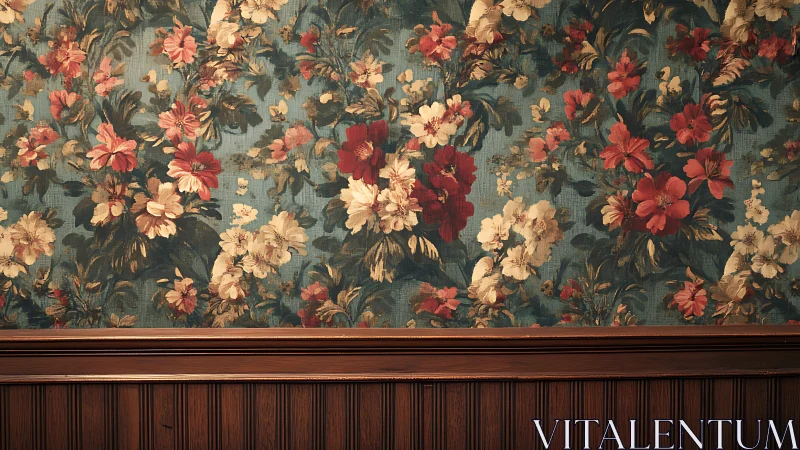 Vintage floral wallpaper meets classic dark wood paneling.