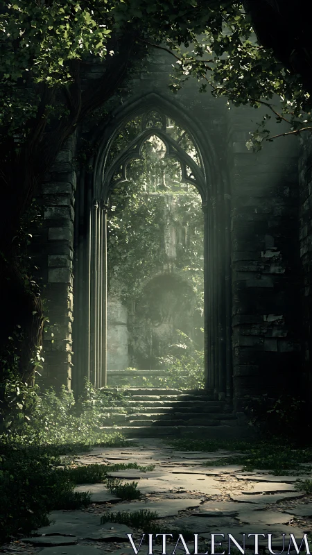 Gothic stone archway overgrown with foliage under diffused backlight