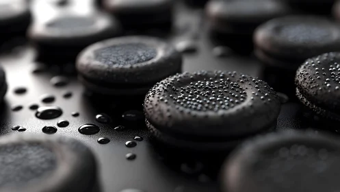 Black macarons with water droplets in dramatic close-up photography.