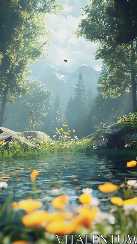 Mountain stream, wildflowers, and forest under daylight.