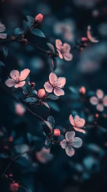 Soft Pink Blossoms Against Dark Blue Foliage.