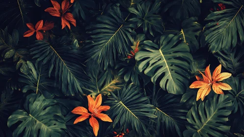 Deep emerald tropical foliage with vivid orange blooms.