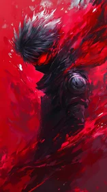 Cyber-noir warrior emerges within kinetic crimson energy field