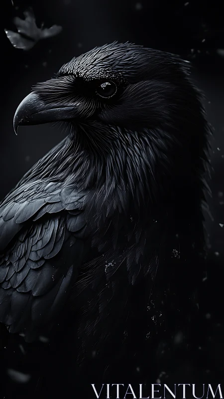 Closeup digital portrait of a black raven in darkness.