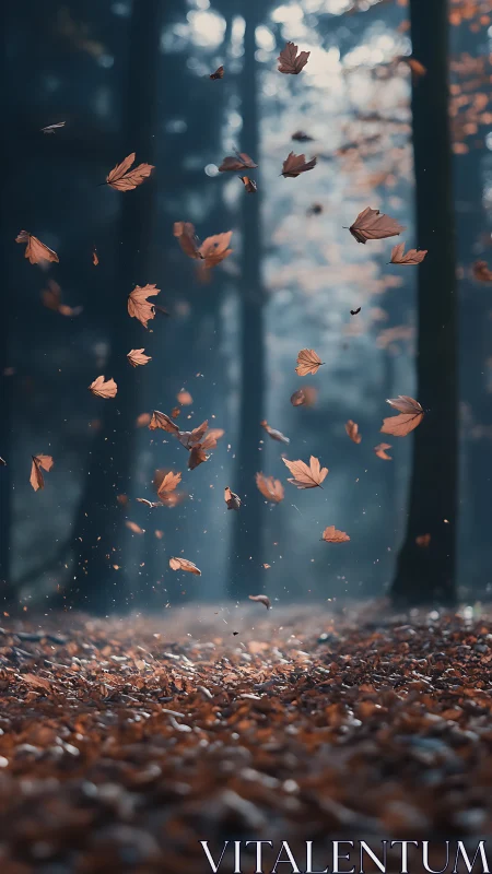 Autumn leaves spiral through a misted forest with cinematic depth