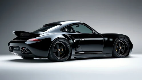 Black sports coupe rear view in clean studio lighting.