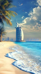 Parametric sail-tower on sunlit Gulf shoreline horizonscape.