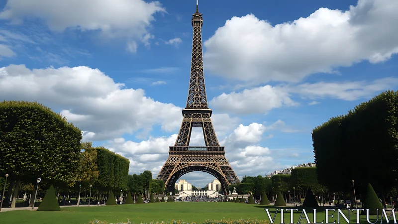 Central view of Eiffel Tower above symmetrical gardens.