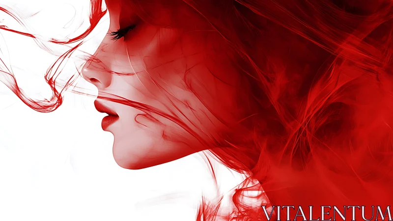 Serene profile wrapped in flowing red dreamlike wisps.