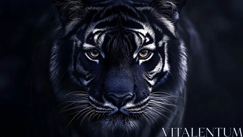 Dark close-up portrait of a tiger with intense gaze.
