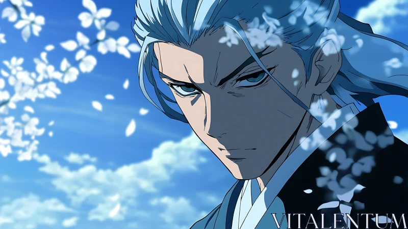 Stoic swordsman under dynamic cherry blossoms and deep sky