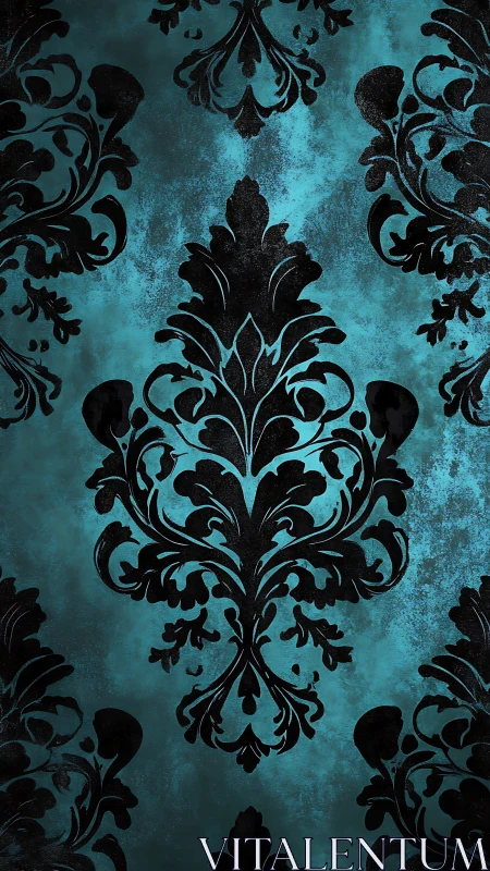 Teal damask wallpaper with distressed baroque ornament