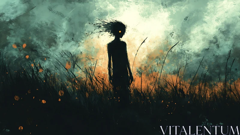 Dark silhouetted figure with glowing eyes in windy field.