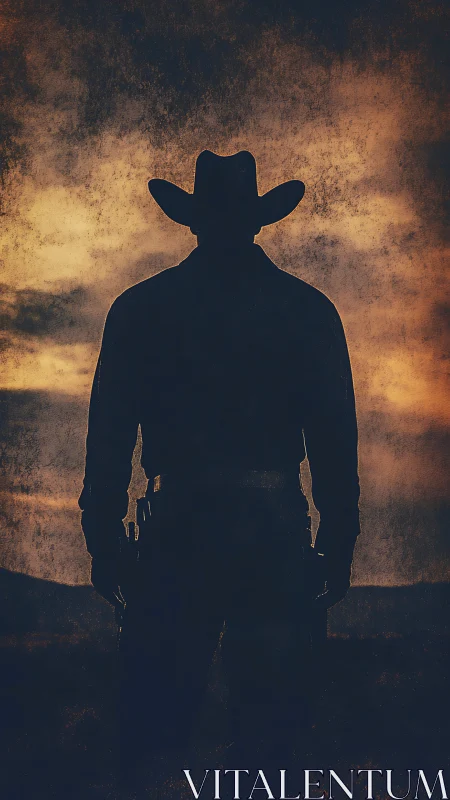 Cowboy silhouette dominates gritty sunset frontier sky