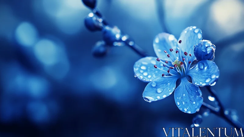 Blue flower covered in water droplets with soft bokeh background.