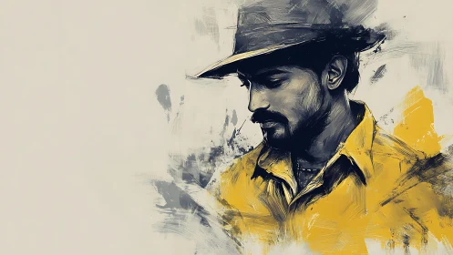 Expressive digital portrait of man in yellow shirt and hat