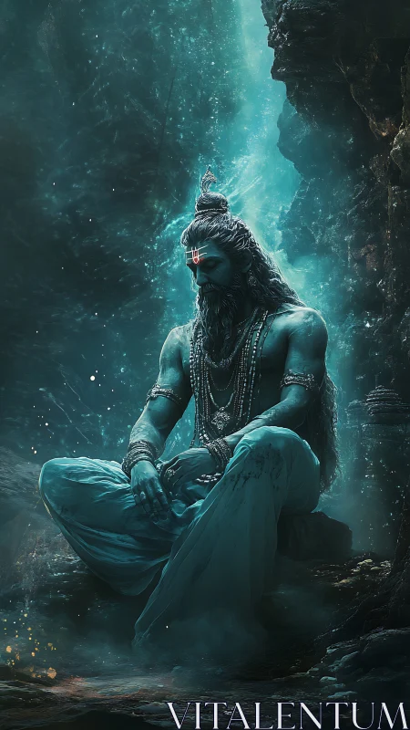 Digital painting of meditative blue deity in cavern light focus.