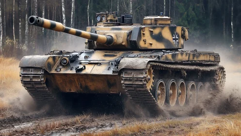 German main battle tank advancing through muddy forest trail.
