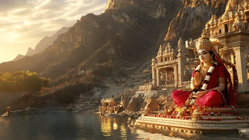 Hindu riverside temple complex with seated deity statue at dusk.