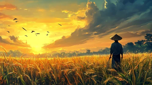 Farmer stands in golden rice field under vivid sunset sky