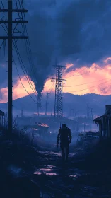 Lone soldier walking through ruined industrial village.