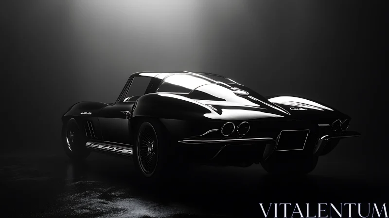 Glossy black classic sports coupe under dramatic rim light.