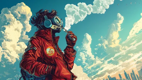 Person in red jacket with headset against vivid cloud sky.