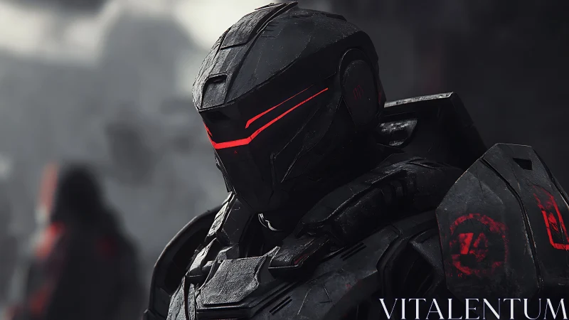 Armored black supersoldier with red visor in combat fog.